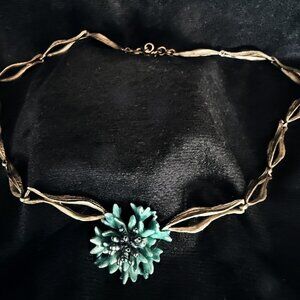 Vintage Artisan Necklace Gold Brass Tone Blue Flower Adjust 16" - 18" Signed